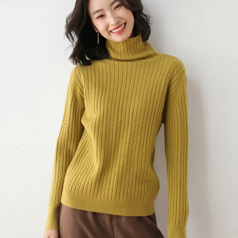 

2021 Fall Winter New Pure Color Cashmere Pullover Sweater Women's Oversized Turtleneck Twist Thick Knit Outer Wear Tops Female