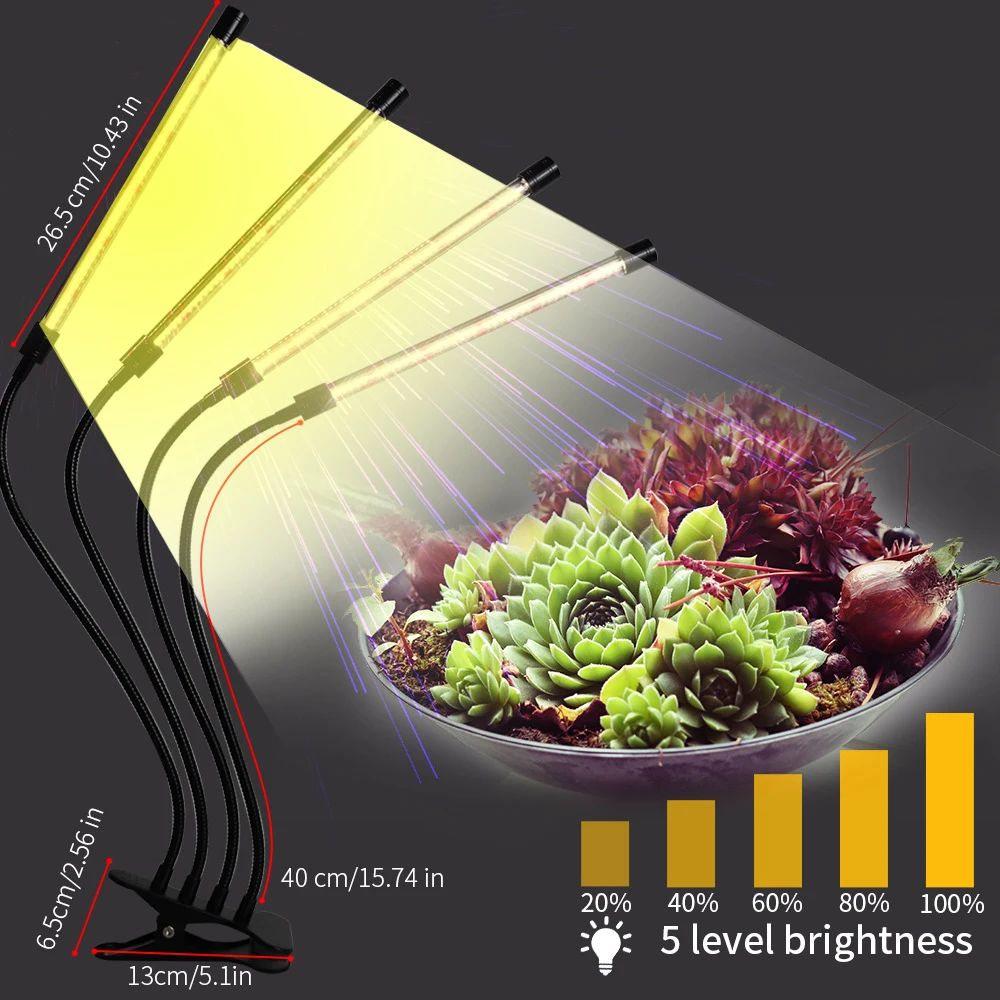 

USB Timer 4 Head 80W 168 LEDs Grow Light Phyto Lamp Indoor Grow Growbox Clip Sunlight Full Spectrum Plant 5 Dimmable Levels
