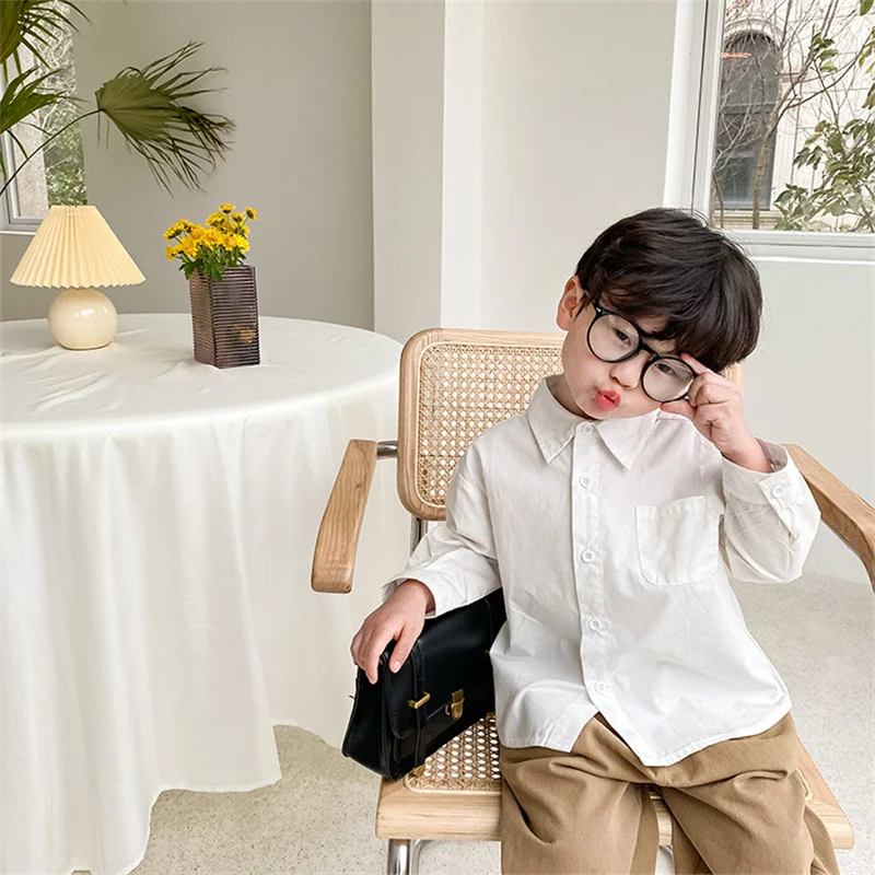 

Spring Fall Fashion Boys Solid Color All-match Shirts Kids Cotton Turndown Collar Casual Tops