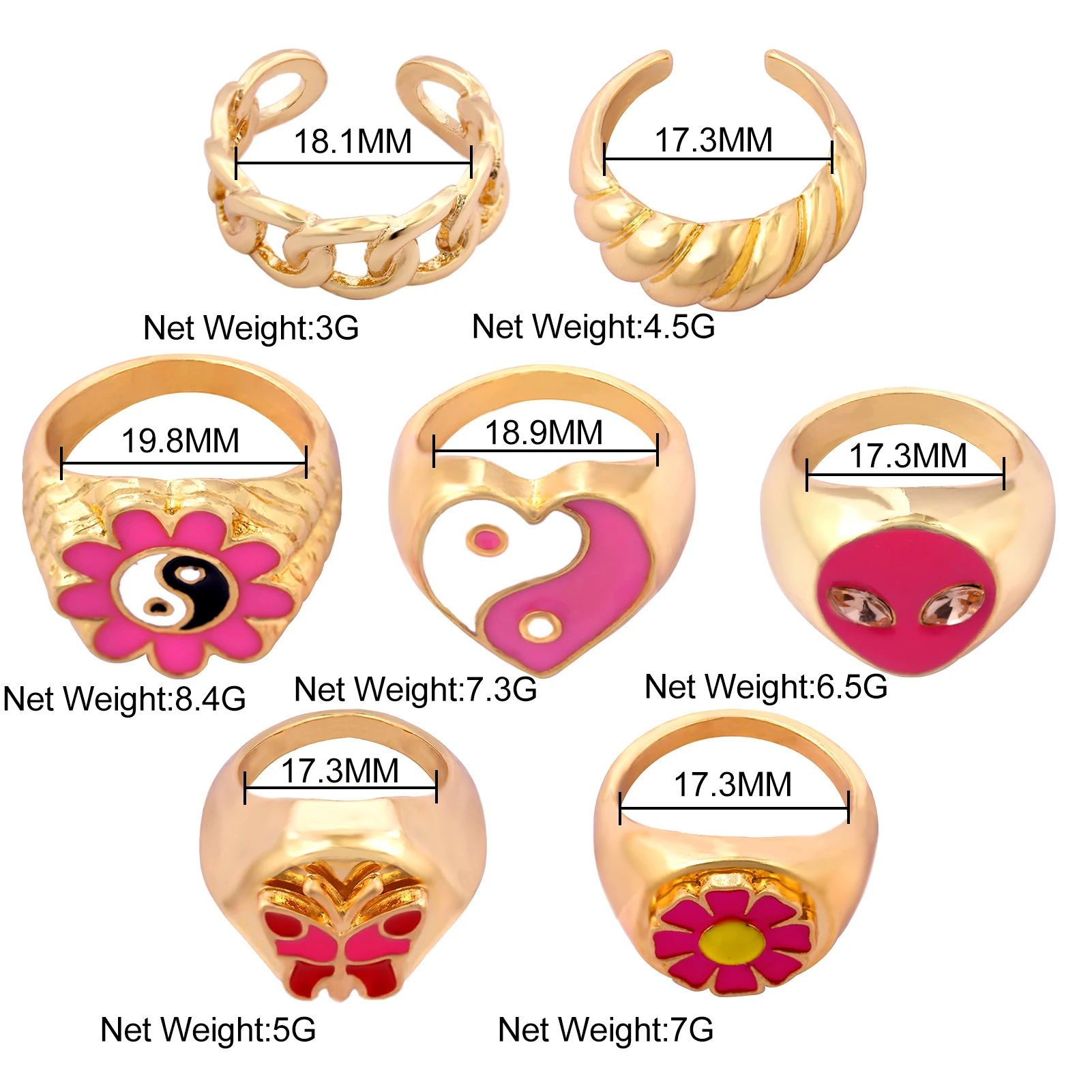 

Trendy Enamel Heart Flower Ring For Women Cute Pink Glaze Yin Yang Tai Chi Butterfly Chunky Gold Color Metal Finger Ring Jewelry