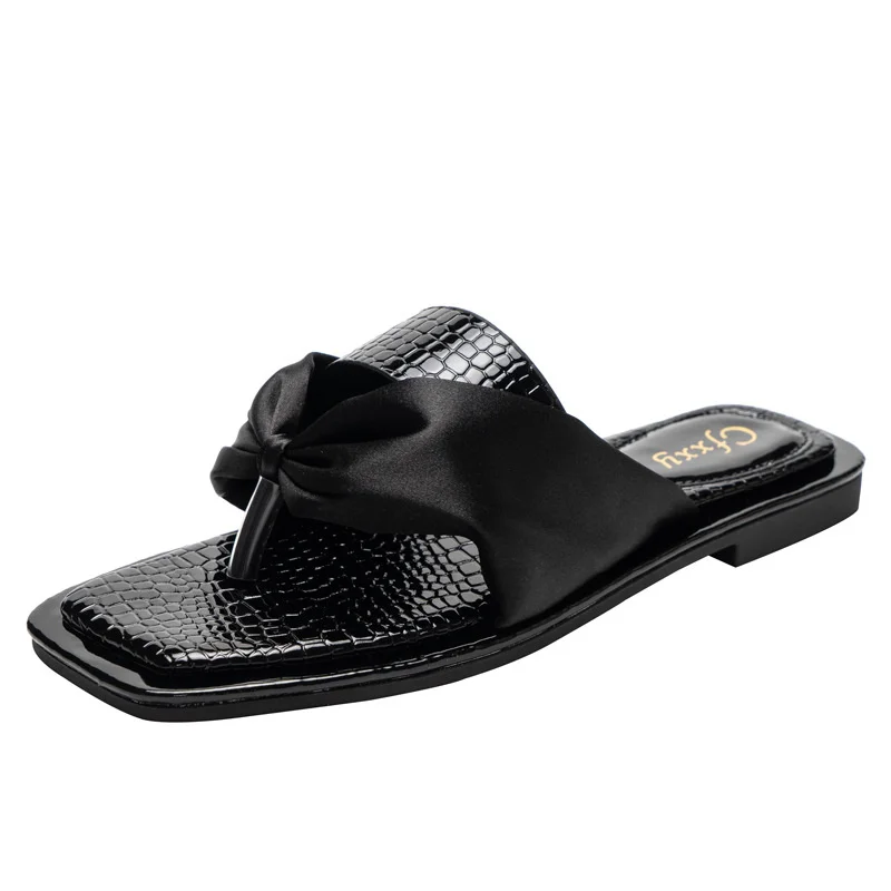 

Summer Slippers New Flat Designer Fashion Ribbon Bowknot Open Toe Stone Pattern Women Shoes Sandals Women 2021 Large Size