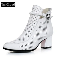fashion womens genuine leather shoes summer cutout platform ankle boots new 2022 square medium heel short boots women