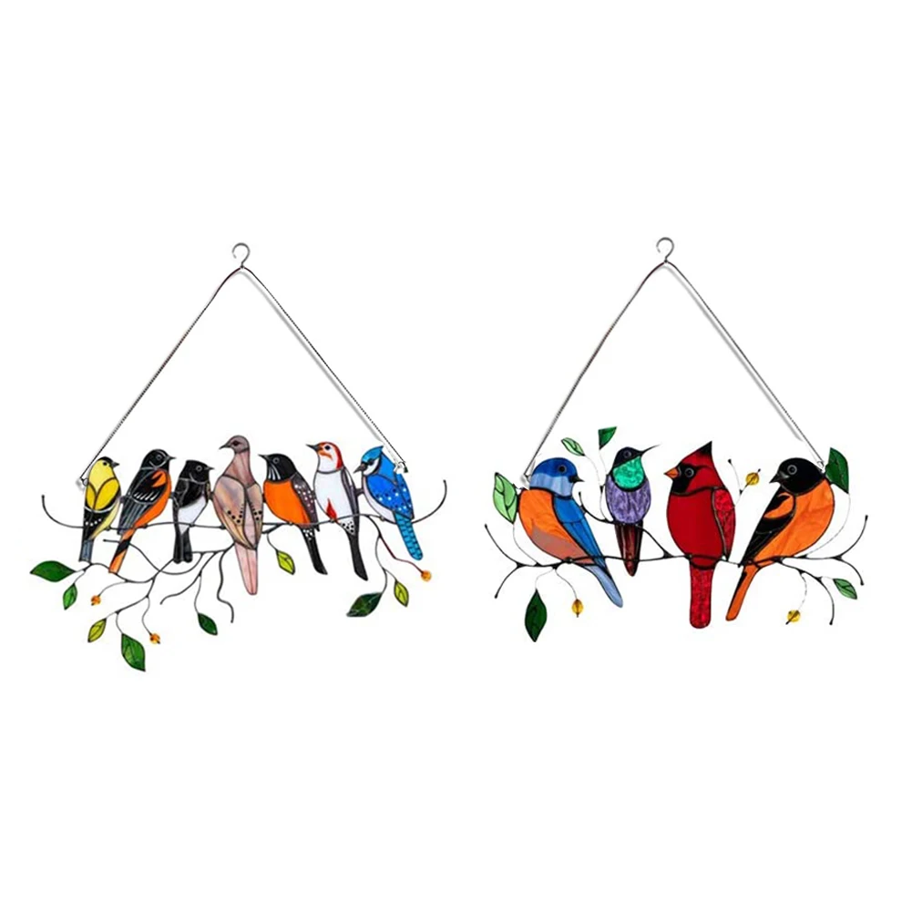 

Multicolor Birds On 1 Wire High Stained Glass Suncatcher Window Panel, Bird Series Ornaments Pendant Home Decor