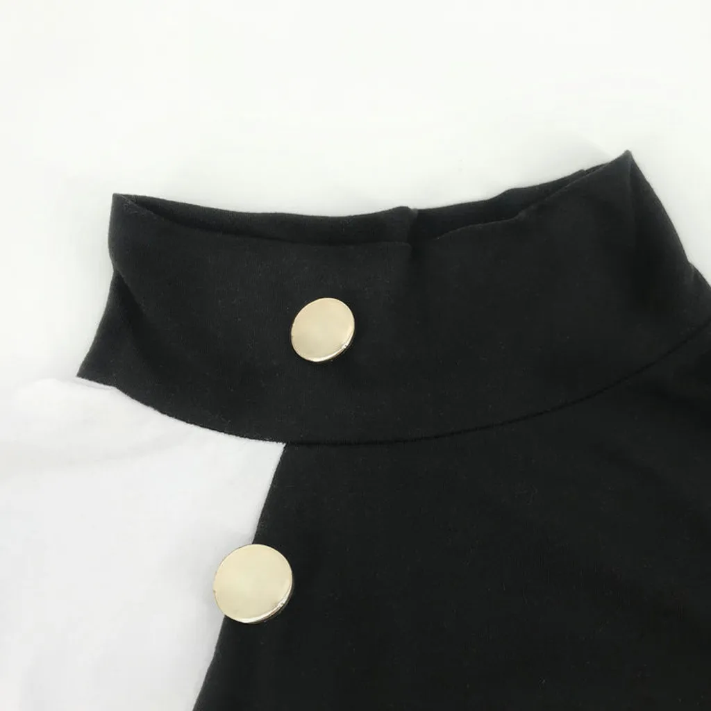 Button T Shirt Women Patchwork High-neck Long Sleeve Camiseta Mujer Tee Femme Casual Loose Tshirt | Женская одежда