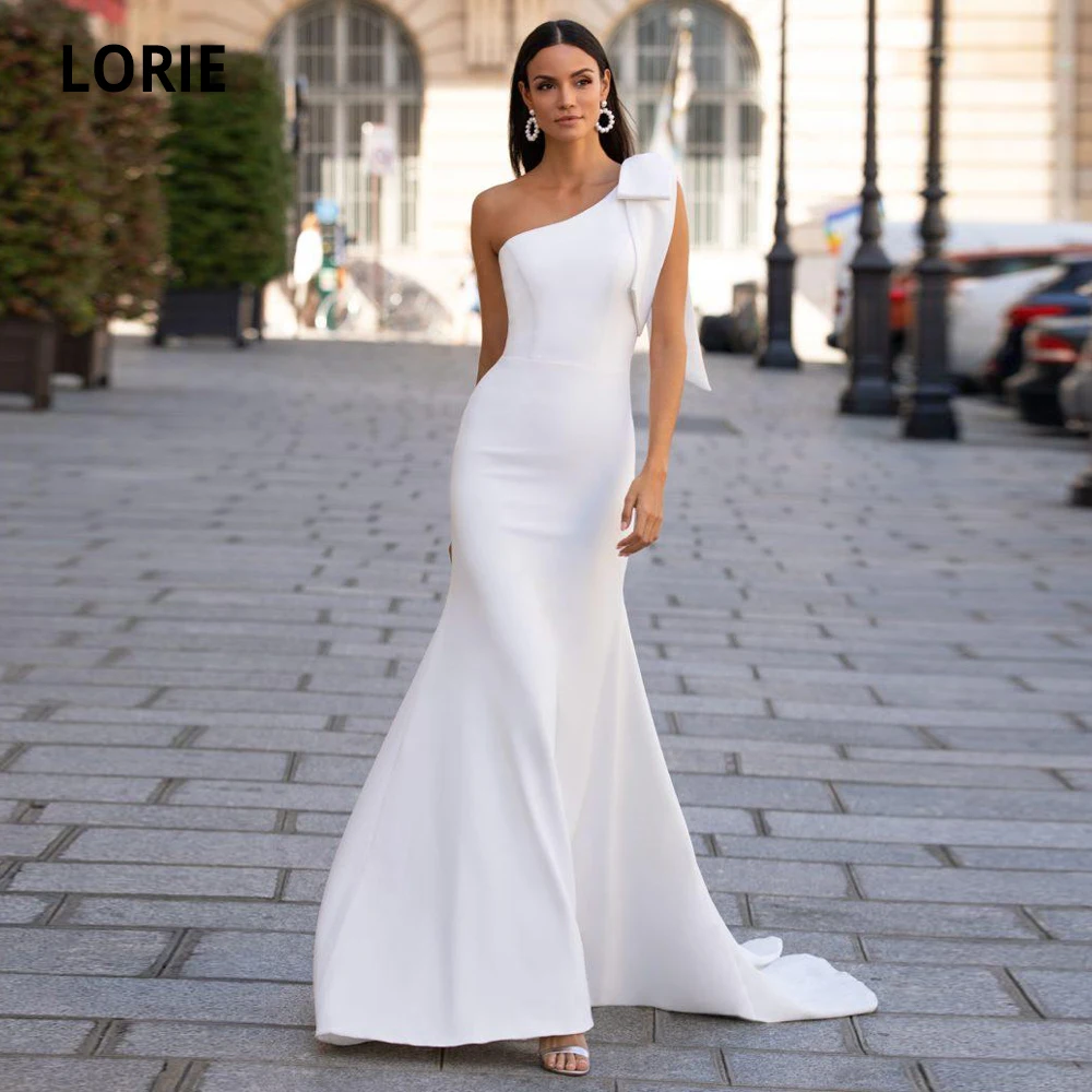

LORIE Satin Mermaid Wedding Dresses Sexy One Shoulder Sleeveless Bridal Gown White/Ivory Beach Wedding Party Gown with Bow 2020