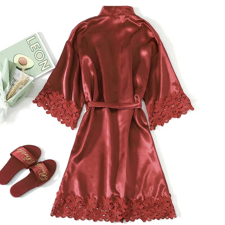 Champagne Bride Bridesmaid Wedding Robe Lace Sleepwear Home Wear Sexy Satin Bathrobe Gown Female Nightdress Intimate Lingerie