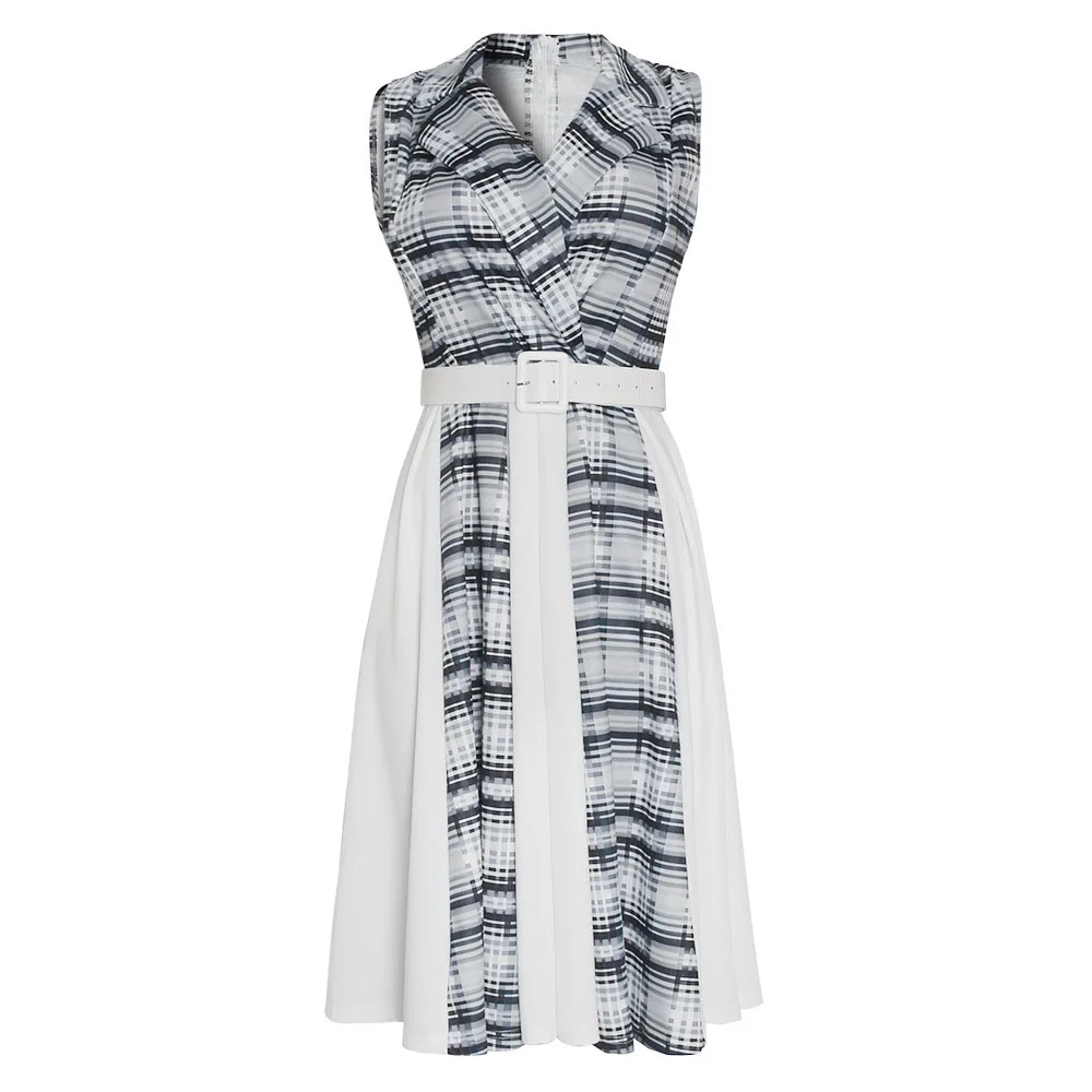 

Office Lady Women Dress Spring Summer Fashion Temperament Oversize Casual African Lattice Splicing Belt Lapel Sleeveless 2021