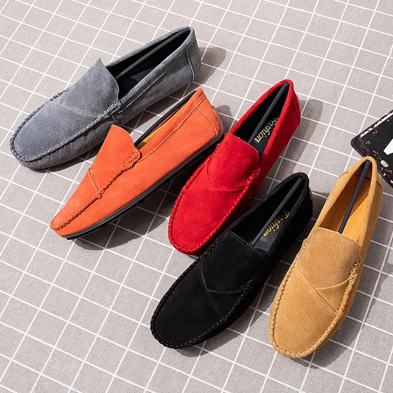 Мужские замшевые мокасины на плоской подошве коричневые повседневные туфли без