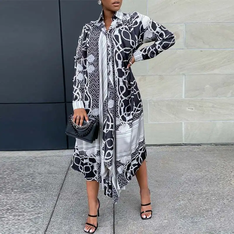 

Shirt Dress VONDA 2021 Women Autumn Long Sleeve Lapel Button Down Asymmetric Dresses Bohemian Vestidos Oversized Maxi Robes