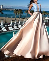 elegant evening formal dress jewel neck floor length satin beads sash prom party gown vestidos fiesta robe de soiree