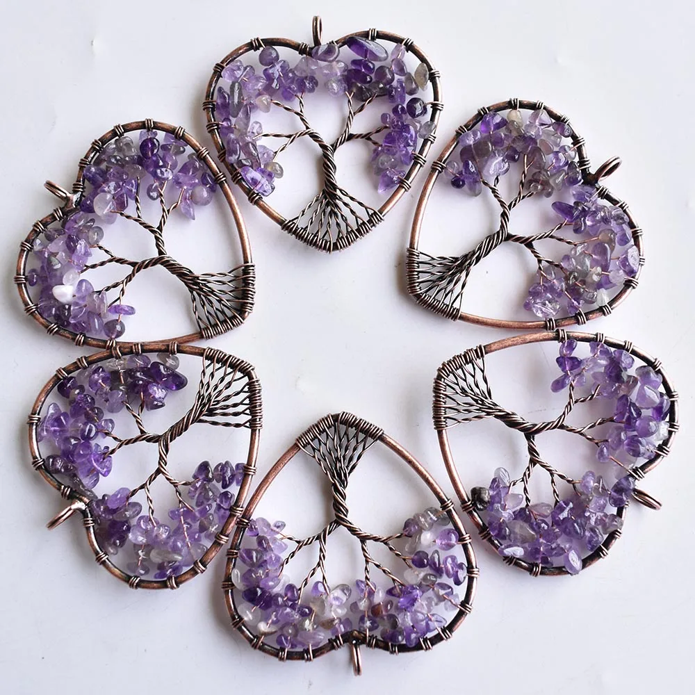 

Wholesale 6pcs/lot natural stone amethysts heart-shaped life tree ancient copper wire wrapped pendant 50mm for jewelry marking