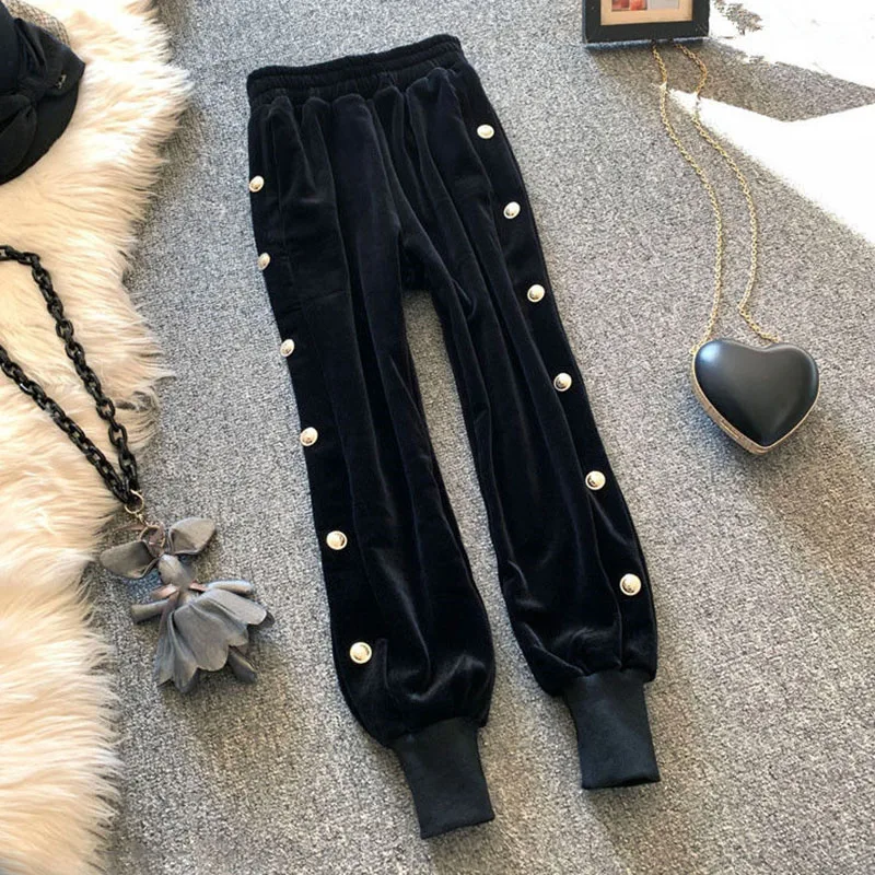 

Lucyever 2021 Autumn Winter Gold Velvet Harem Pants Women Elastic High Waist Loose Casual Pants Black Thick Warm Plush Trousers