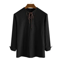 solid color men shirt front lace up top v neck long sleeve skin friendly breathable loose top streetwear for leisure time
