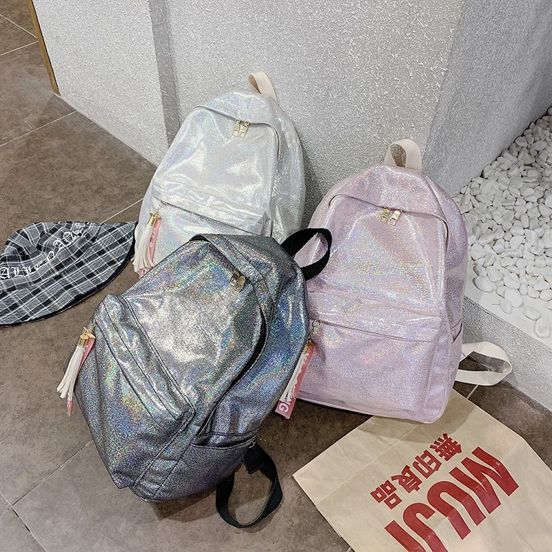 Женский серебряный ранец с лазерным рисунком школьный блестками для