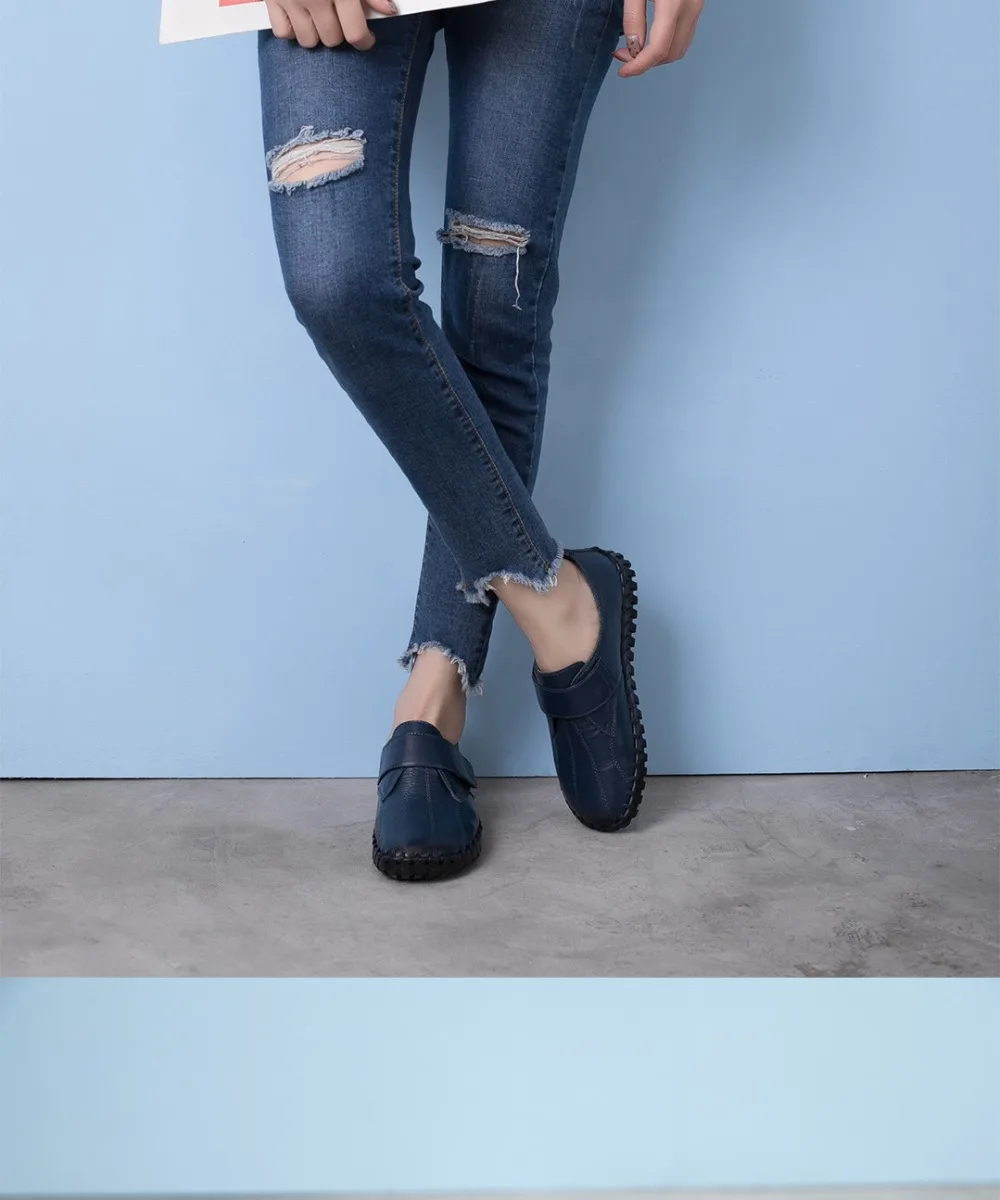 Spring Ladies Genuine Leather Handmade Shoes Women Hook&Loop Flat Shoes Women Autumn Soft Loafers Flats