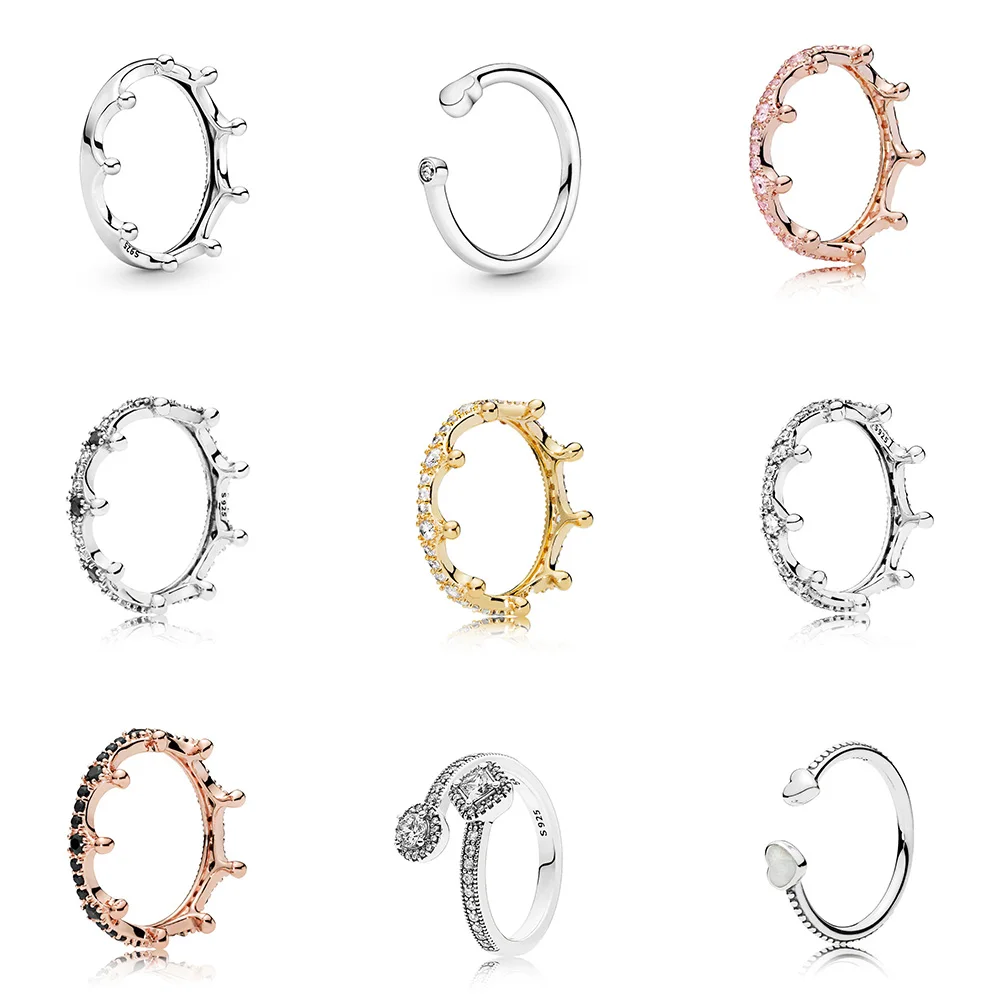 

925 Sterling Silver Ring Charms Rose Gold Black Princess Crown 6 Style Heart With Crystal Finger Ring For Women Jewelry
