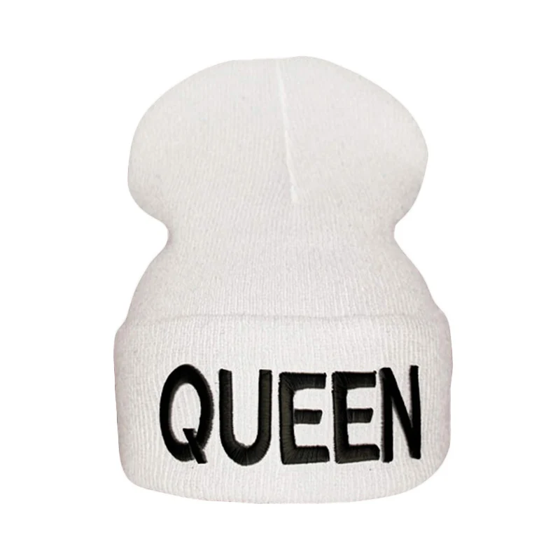 Knitted QUEEN Black Зимние вязаные шапки для женщин, шапки с надписью KING QUEEN, шапка в стиле хип-хоп для девушек, осенняя женская теплая бини, Повседневная шапка - Цвет: Knitted QUEEN Black