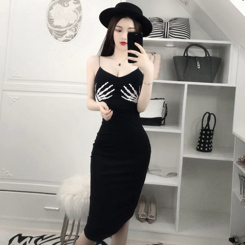 

Fashion Brand Women's Clothing Summer Dresses Sexy Club Spaghetti Strap Dress Skeleton V-neck Low-cut Off Shoulder Party Dresses