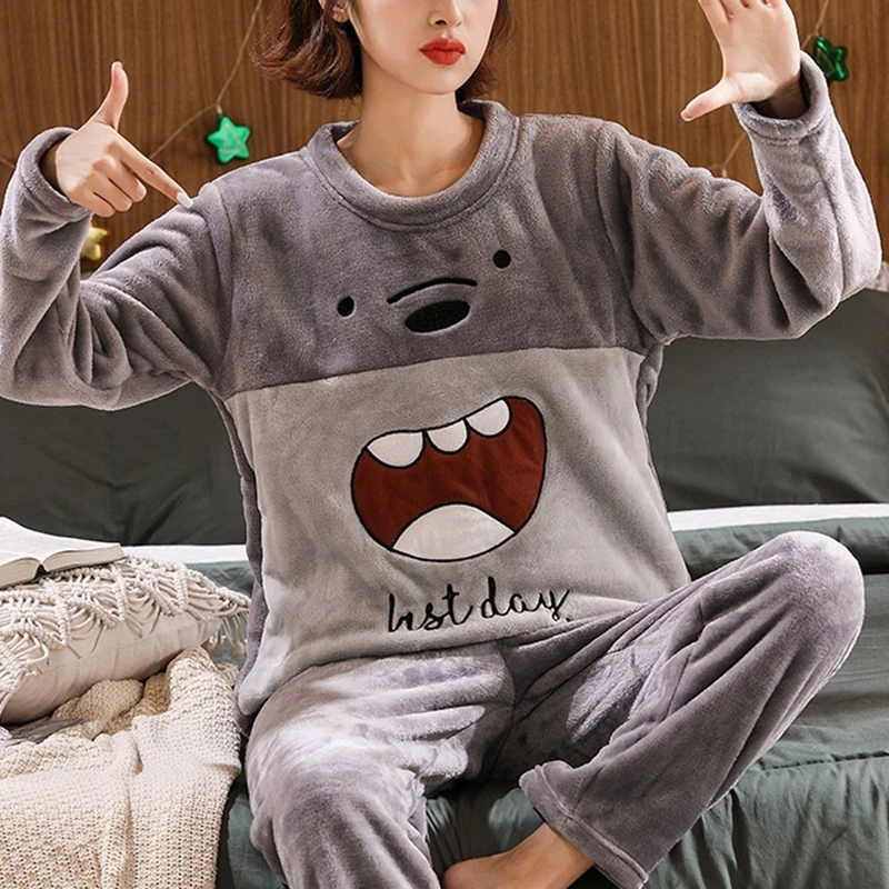 

Women Warm Flannel Set Pyjamas Sets Thick Coral Velvet Long Sleeve Cartoon Sleepwear Thin Flannel Pajamas Set 2022 Autumn Winter