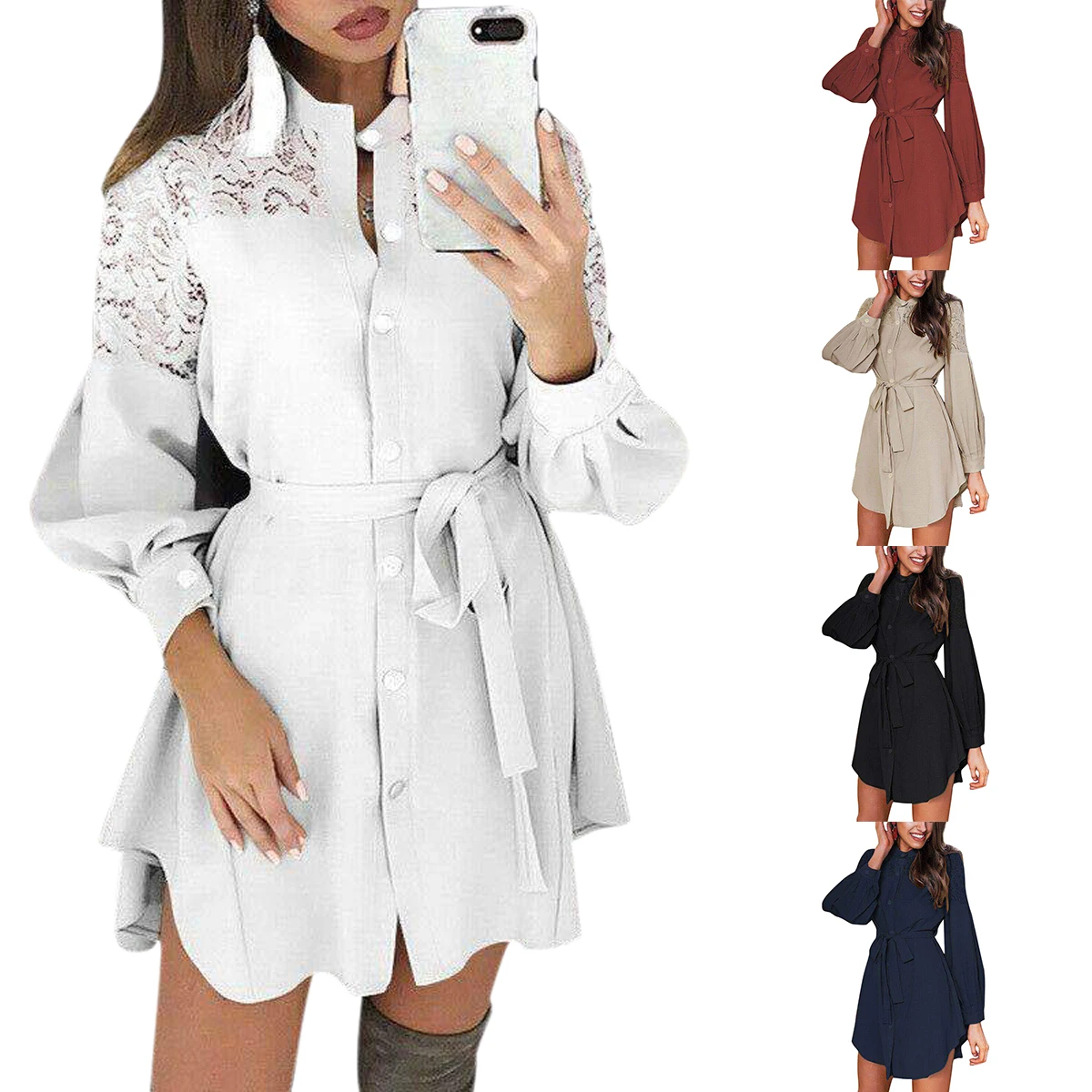 Женское кружевное платье до бедра с V образным вырезом и длинным рукавом поясом