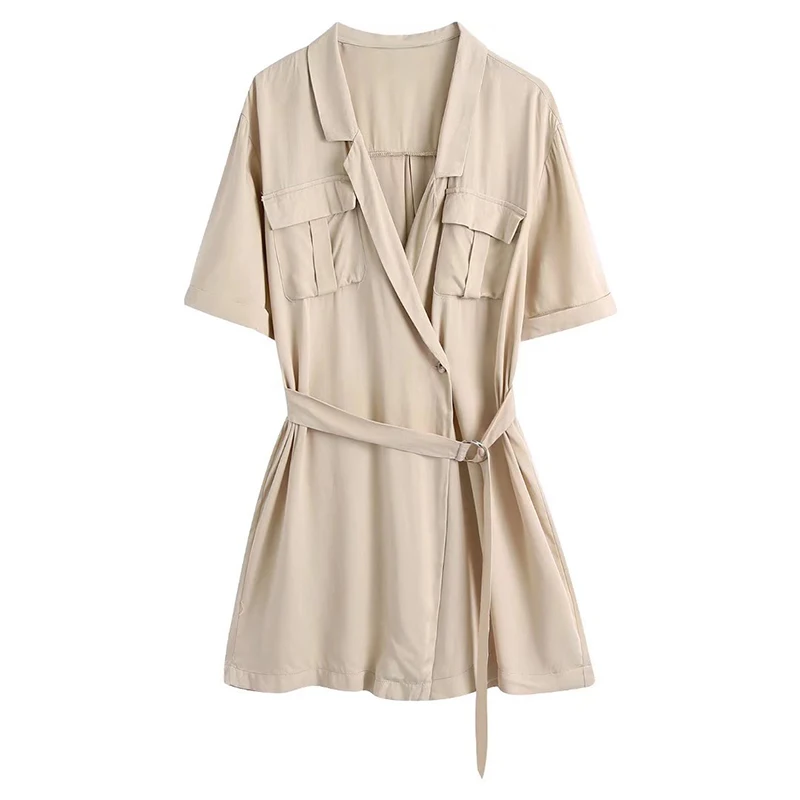 

2022 Summer Women Fashion Solid Dress With Belt Casual Short Sleeve Single Button V Neck Pocket Decoration Short Dress BB4568