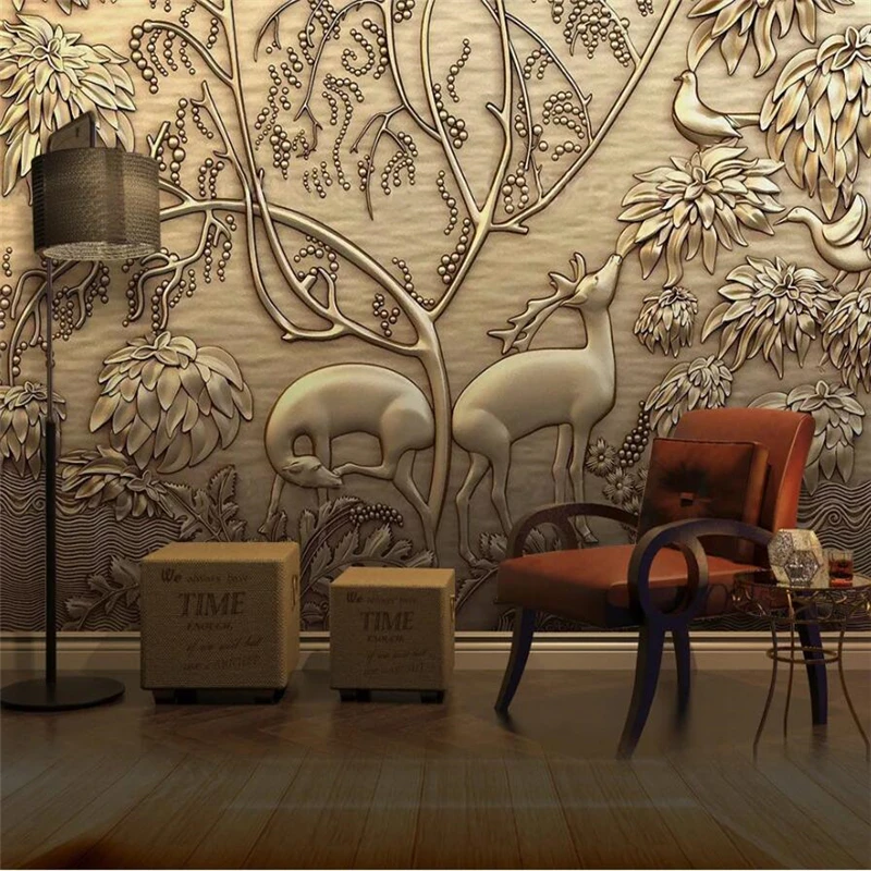 

Custom wallpaper 3d murals European golden embossed forest elk bird TV background wall paper home decor mural 3d wallpaper обои