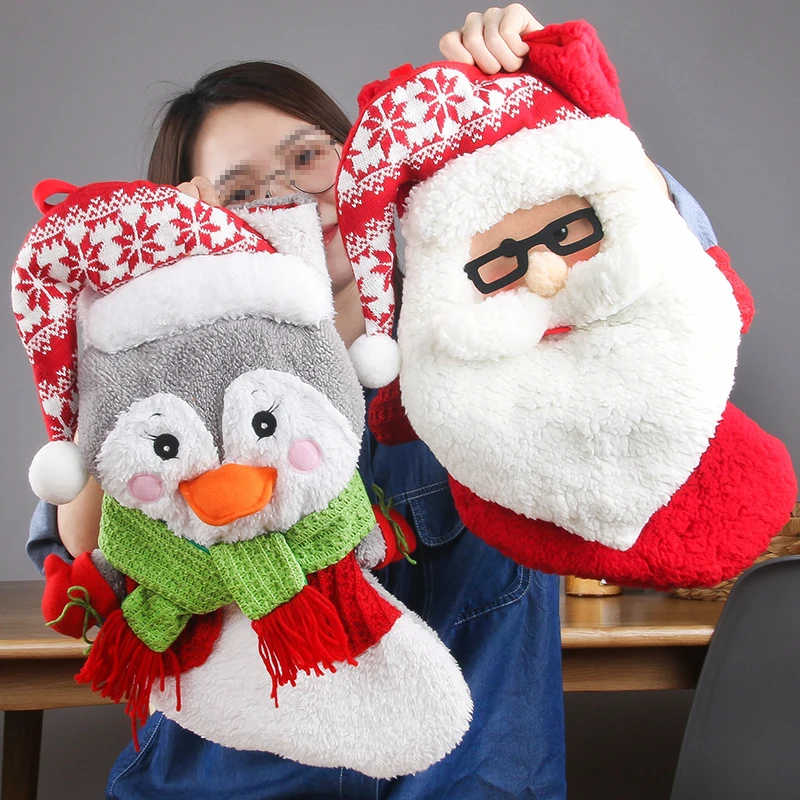 

Christmas Stocking Large Xmas Gift Candy Bags Fireplace Decoration Santa Snowman Socks New Year Candy Holder Decor for Home