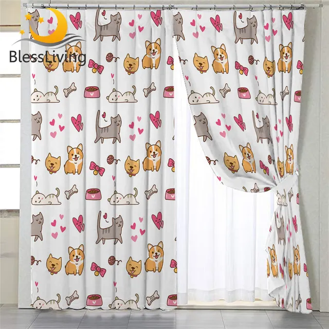 BlessLiving Dog and Cat Curtain for Living Room Kawaii Bedroom Curtain Blackout Cartoon Window Treatment Drapes Cute Gardinen 1