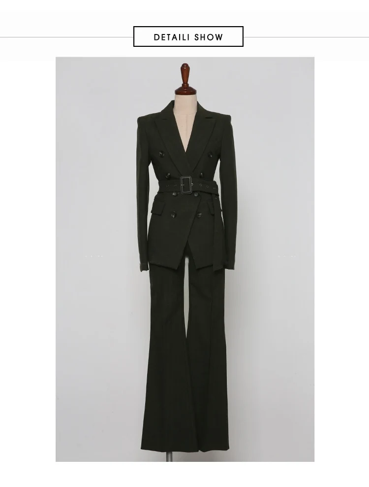 

High quality Double-breasted Fitted Suits Jackets+Flare Long Pants Women 2020 New Spring Office OL Formal Work Wear 2Pieces Set