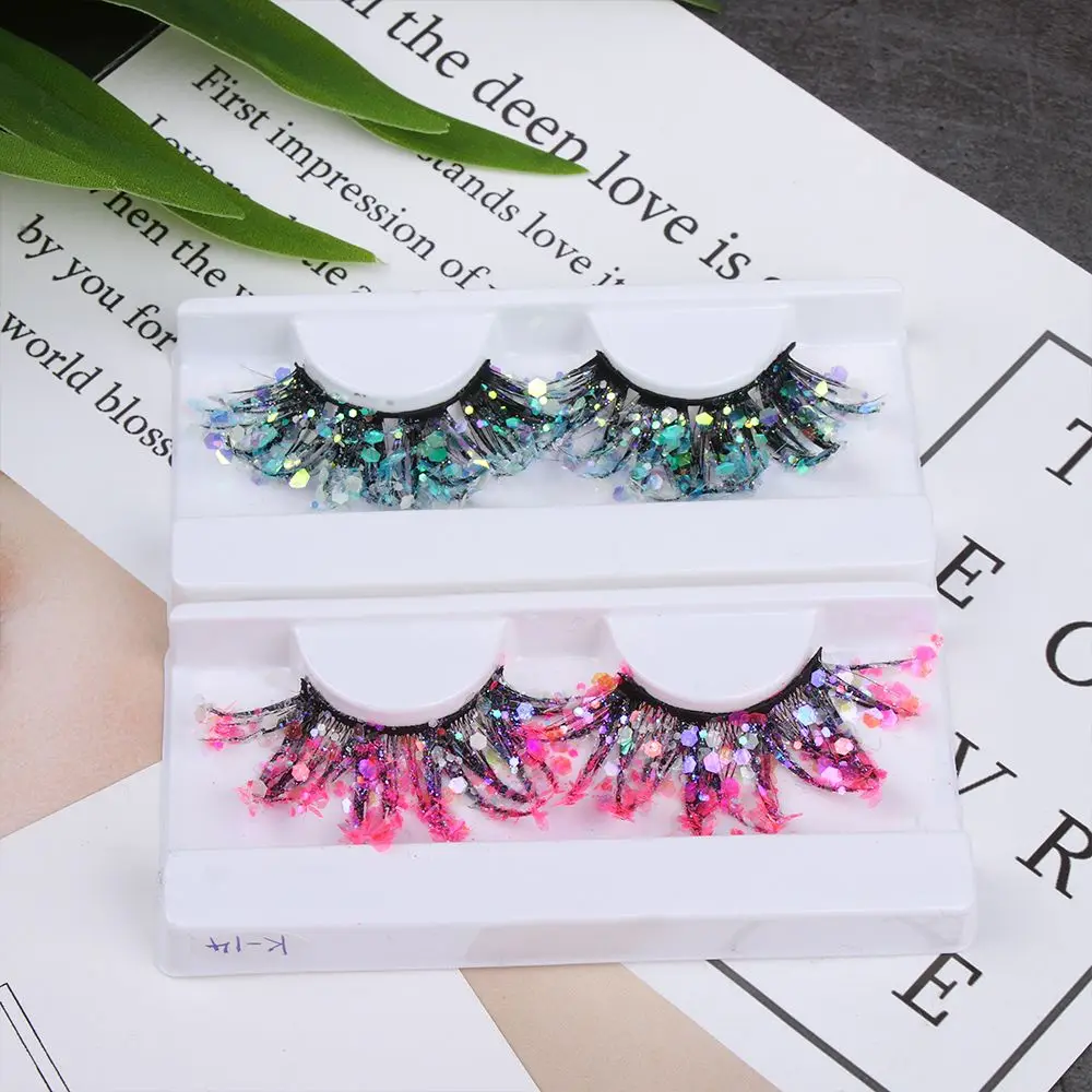 Цветные светящиеся 3D накладные ресницы МАНДАРИНКА макияж блестящая пудра