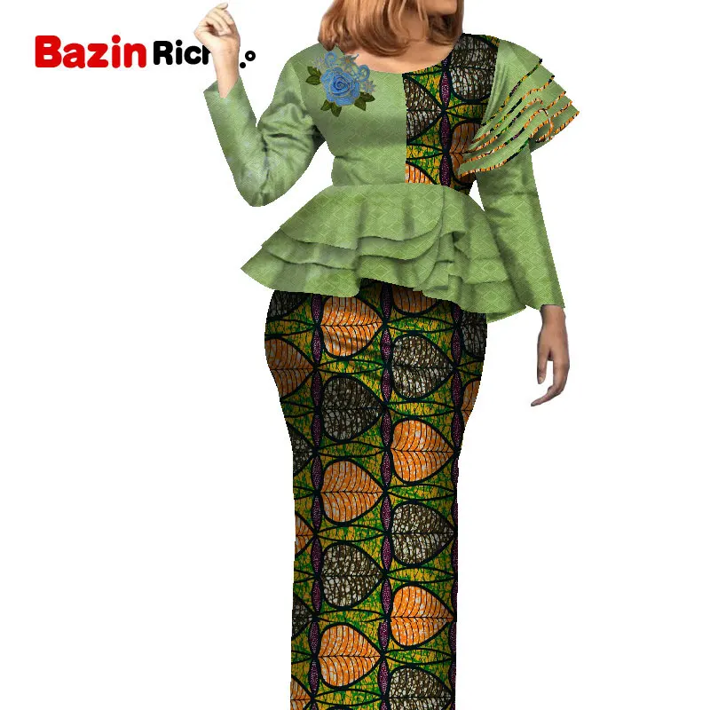 Fashion Patchwork Long Sleeve  Dashiki Skirt Suit African Bazin Fabric Plus Size African Women Skirt Set WY7905