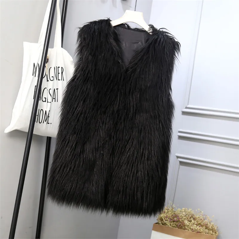 black Новинка S/3Xl женские длинные жилеты из искусственного меха зима-осень пушистые меховые куртки без рукавов с v-образным вырезом Модные жилеты из искусственного меха J3047 - Цвет: black