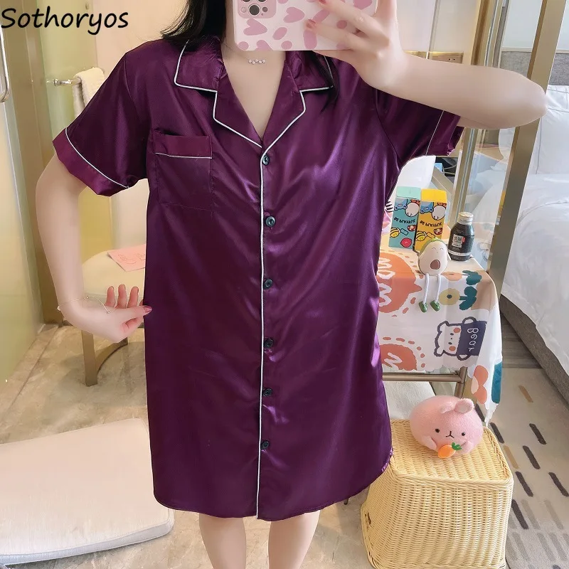 

Single Breasted Nightgowns Women Patchwork Colorful Short Sleeve Cozy Summer Sleepshirts Elegant Lounge Knee-length Females Chic