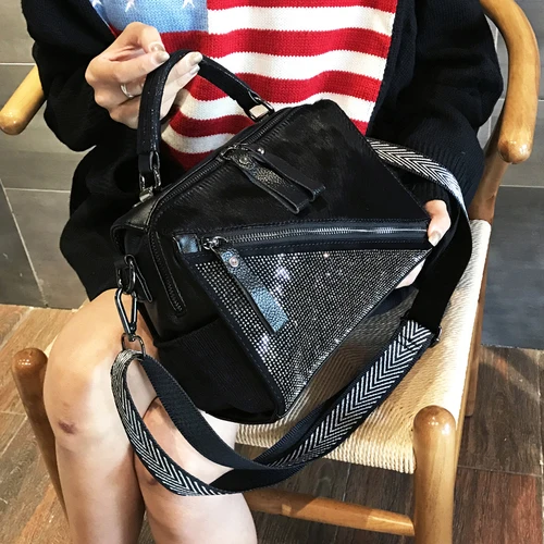Fashion Horse Hair Messenger Bags Diamonds Satchels Horse Hair Patchwork handbag adies hand bags Diamonds Patchwork handbags - Цвет: Black
