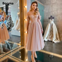 booma dirty rose glitter tulle prom dresses off the shoulder boning midi prom gowns a line tea length wedding party dresses