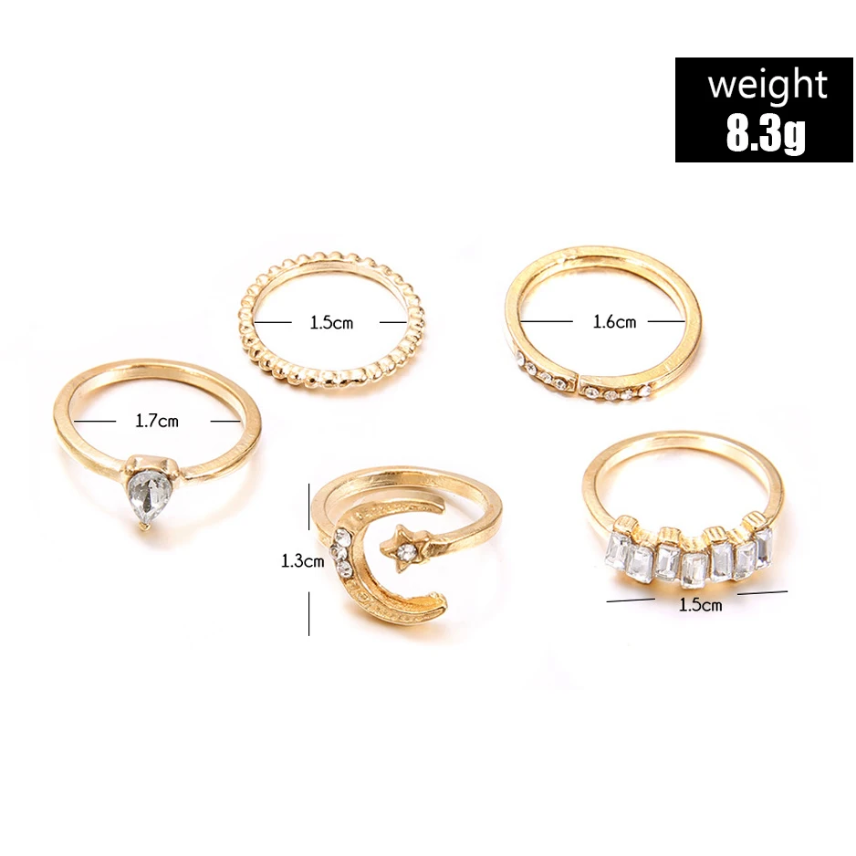 

Gold Color Vintage Crystal Stone Moon Star Heart Rings Set Women Midi Finger Kunckle Pearl Rings New Fashion Party Jewelry 2020