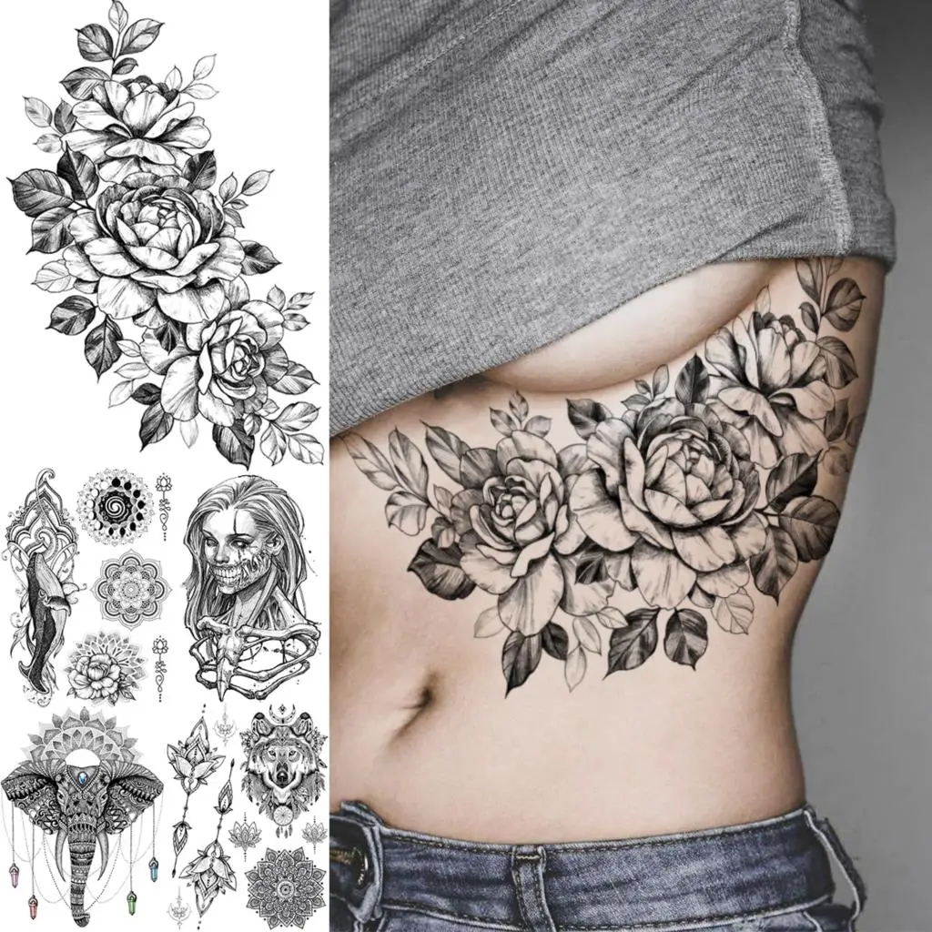 Фото Временные татуировки для женщин 3D черные пионы цветок на талию мандала слон