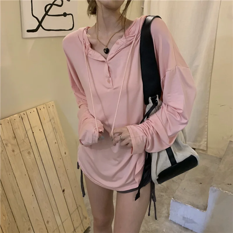 Футболка женская с капюшоном тонкая свободная Солнцезащитная рубашка длинным