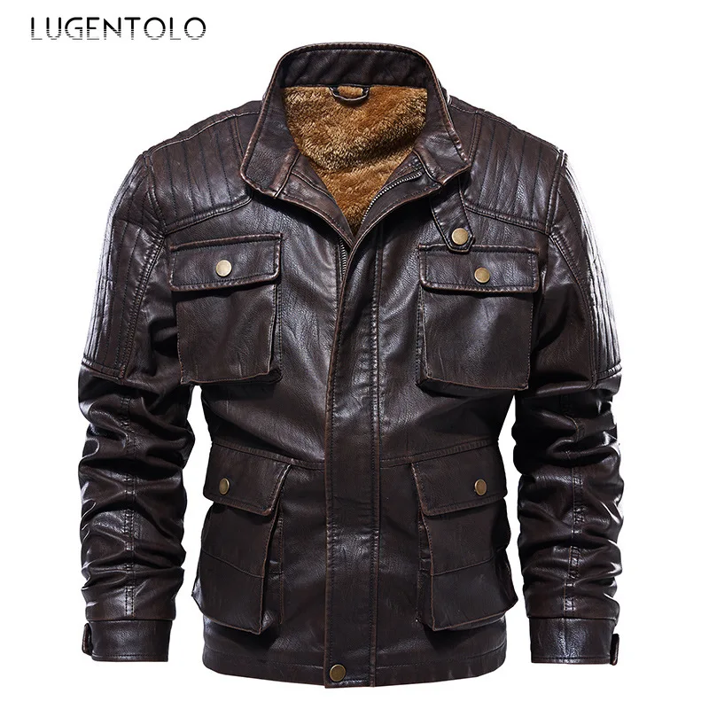 

Куртка Lugentolo мужская с воротником-стойкой, винтажная из искусственной кожи, бархатная однотонная модная повседневная верхняя одежда, больш...