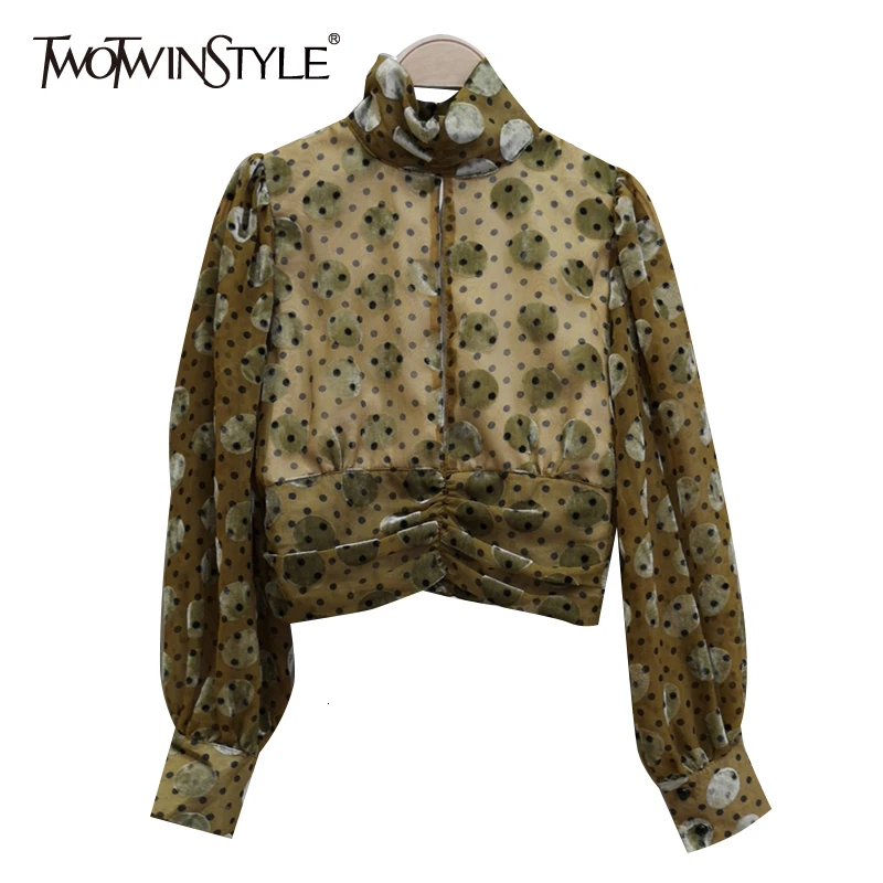 TWOTWINSTYLE женские рубашки с принтом в горошек длинным рукавом и круглым вырезом