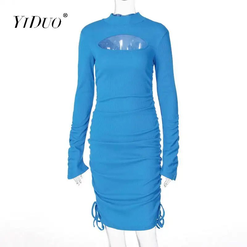 

YiDuo 2020 Long Sleeve Hollow Out Bandage Slit Sexy Mini Dress Autumn Winter Women Bodycon Drawstring Ruched Club Dresses Black