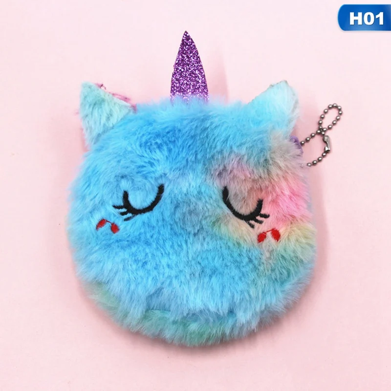 

Cartoon Plush Unicorn Coin Purse Cute Cat Fur Circle Wallet Girl Clutch Embroidered Bag Key Earphone Organizer Pouch Kids Gift