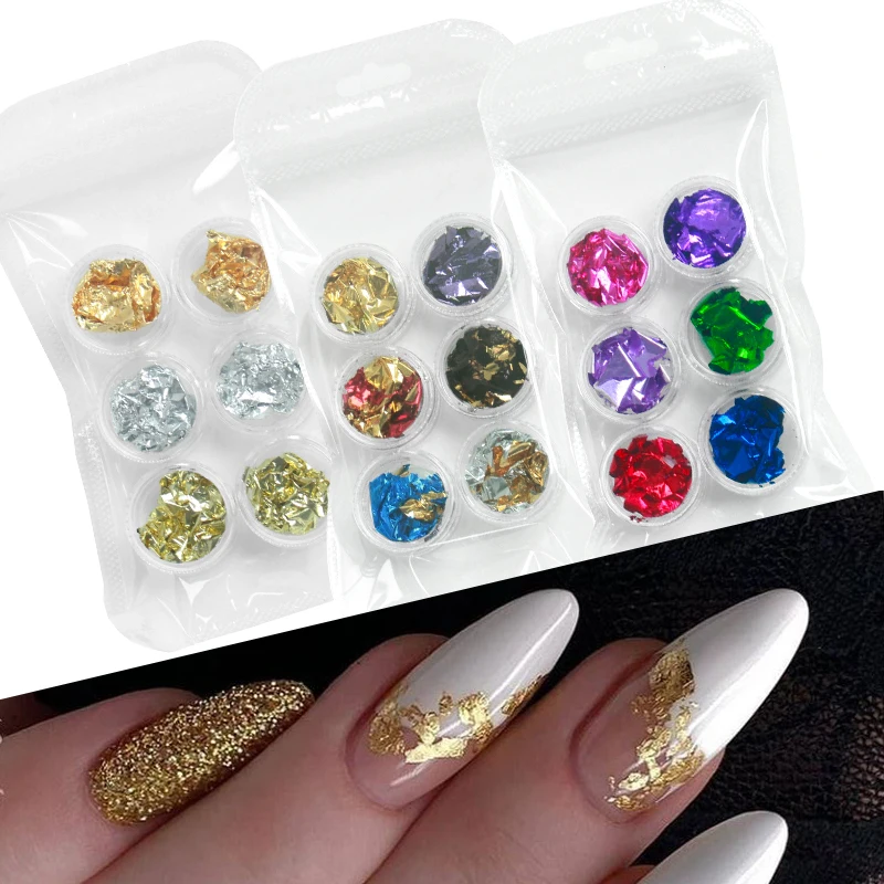 

6pcs Gold Silver Aluminum Nail Foil Glitter Sequins Nails Art Irregular Flakes Manicure Design Stickers Decorative Accessories