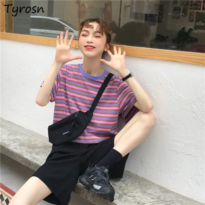 

Striped T-shirts Women Summer Short Sleeve All-match Chic Fashion Causal Students Vintage Loose Streetwear Crop Top Leisure New