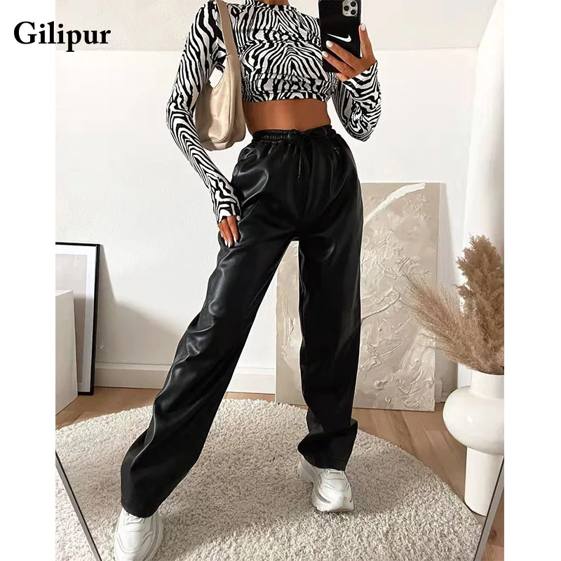 

Women's Pants Faux Leather Pants Black Casual Baggy Straight Leg Pants Fashion Vintage Loose Elastic Waist Trousers Streetwear