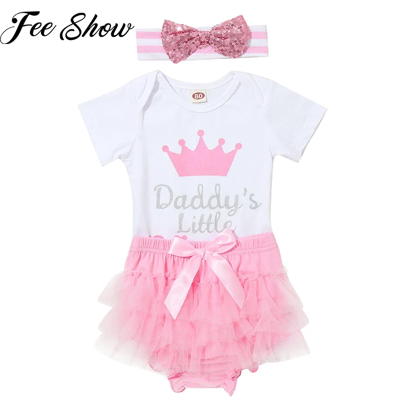 

3Pcs Set Newborn Baby Kids Girl Daddy's Princess Bodysuit Romper Tops Tutu Shorts Sequins Headwear Summer Outfit Girls Clothes