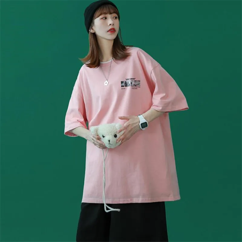 

HLM Sweetwear Harajuku Women Hip Hop T shirt Letter Printing Oversize Half Sleeve Tshirt Loose Cotton Wild Black Tee Tops