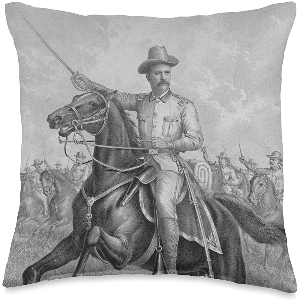 

Игрушечная Подушка «War Is Hell Store» Тедди Рузвельта, ведущая грубых мотоциклистов на лошади, 16x16 дюймов, разноцветная