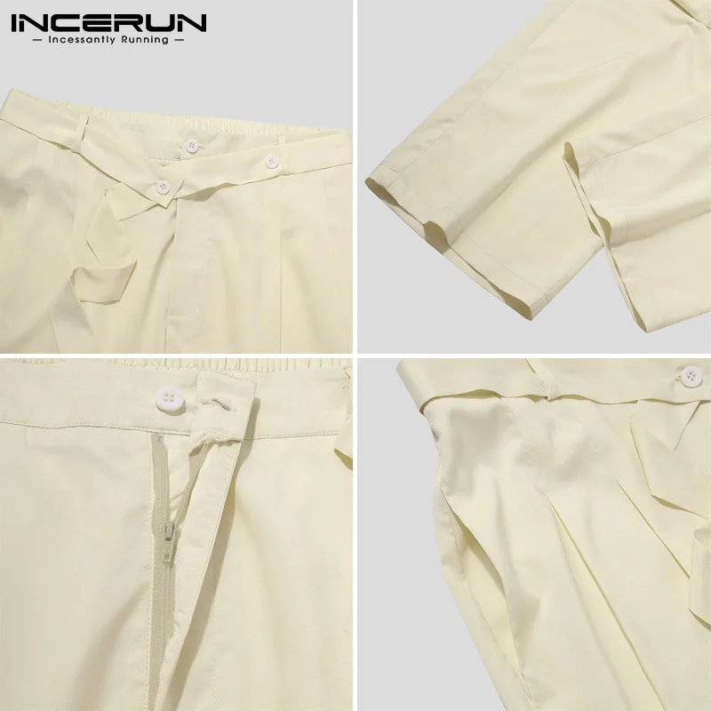 

INCERUN Men Solid Color Pants Lace Up Button Joggers Korean Style Pantalones Hombre Streetwear Fashion Straight Trousers 2021