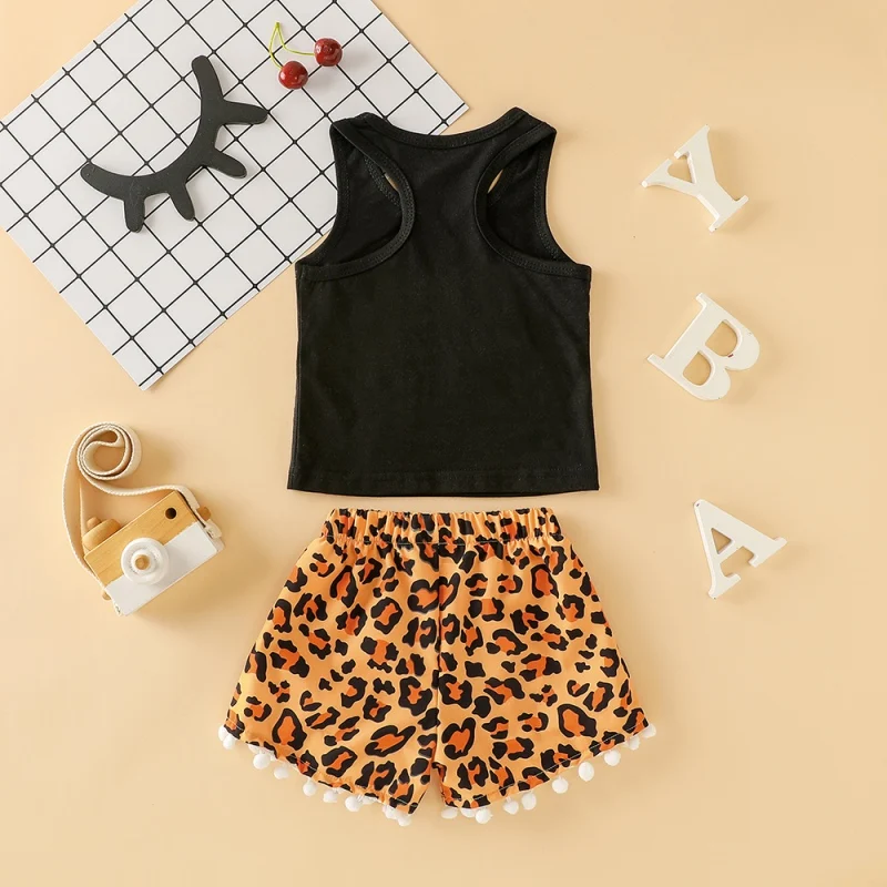 Kids Girls Clothes Set Summer Casual T Shirt Sleeveless Baseball Tops Leopard Short Pants Kit Children Clothing Outfit 2pcs | Детская